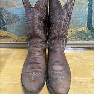 Vintage Dan Post model 114 Bro Leather Cowboy Boots, sz R12 extra wide fair cond